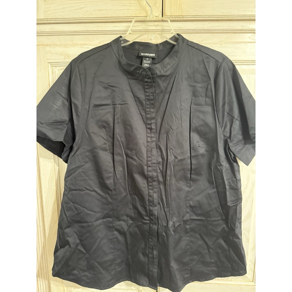 Lane Bryant Shirt Womens 16 Black Pin-tuck Hidden Button Up Short Sleeve Blouse